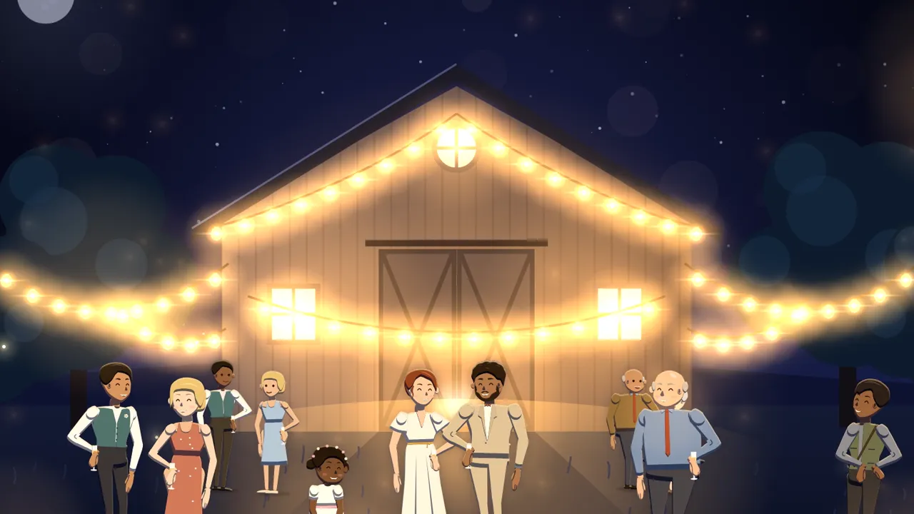 Une grange illuminée de guirlandes guinguette le soir d'un mariage, les invités réunis devant